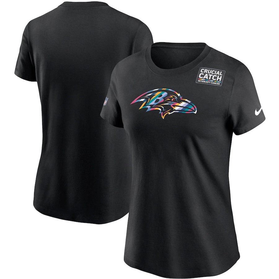 Women's Baltimore Ravens 2020 Black Sideline Crucial Catch Performance T-Shirt(Run Small)